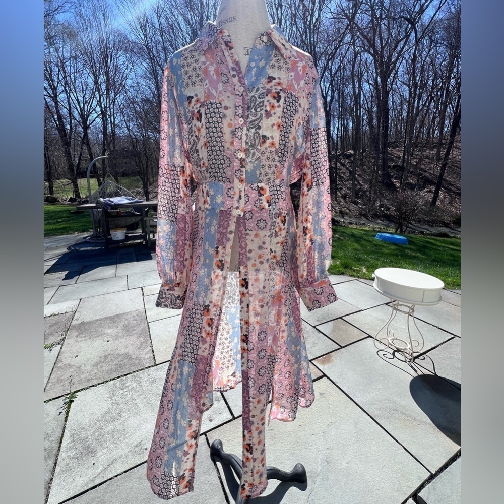 Sheer Patchwork 1/2 Button Up Duster Pink Blue G.I.L.I. Got It Love It Sz M